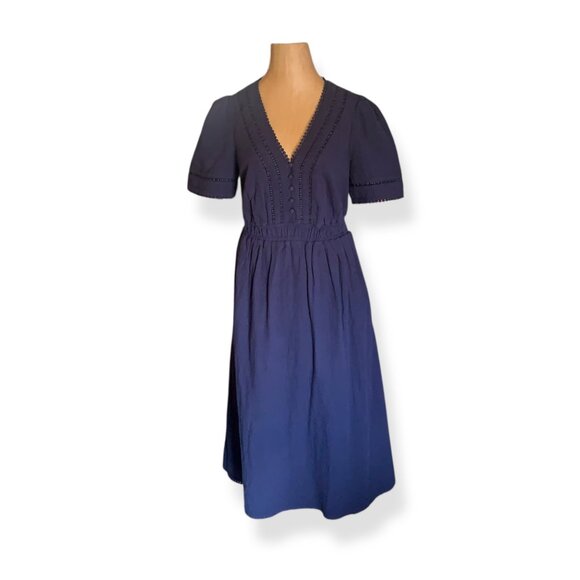 Boden Women’s Trim Double Cloth Dress Navy Blue Sz 10P Midi Romantic Cottagecore - Picture 3 of 16
